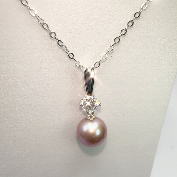 Pink Pearl & Moissanite Necklace 925 Sterling Silver Elegant Jewelry - Picture 6 of 16